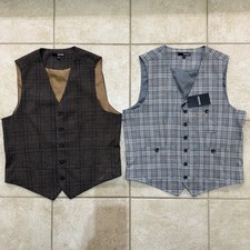 2 Murano Mens Grid Plaid Suit Vests Business Casual Grey Brown Large V Neck