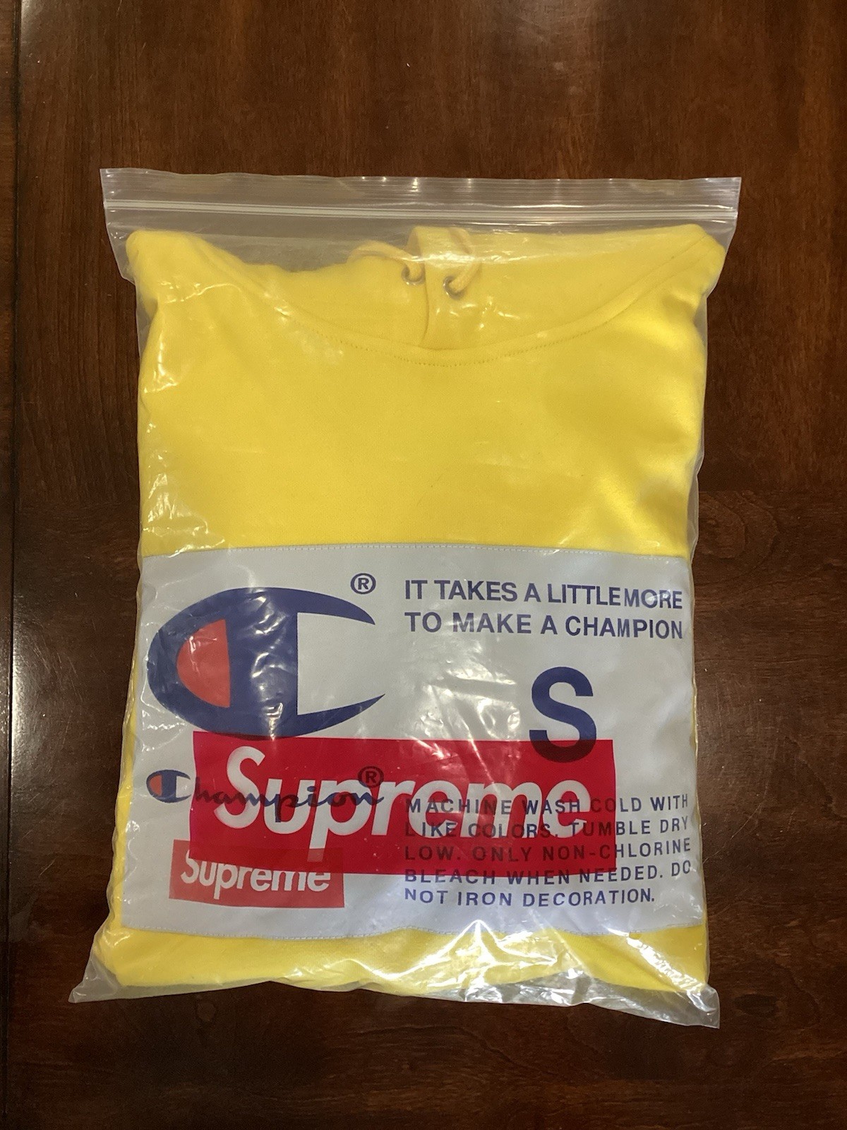 Supreme X Champion Label Pullover Hoodie FW16 Yellow Size Small image 2