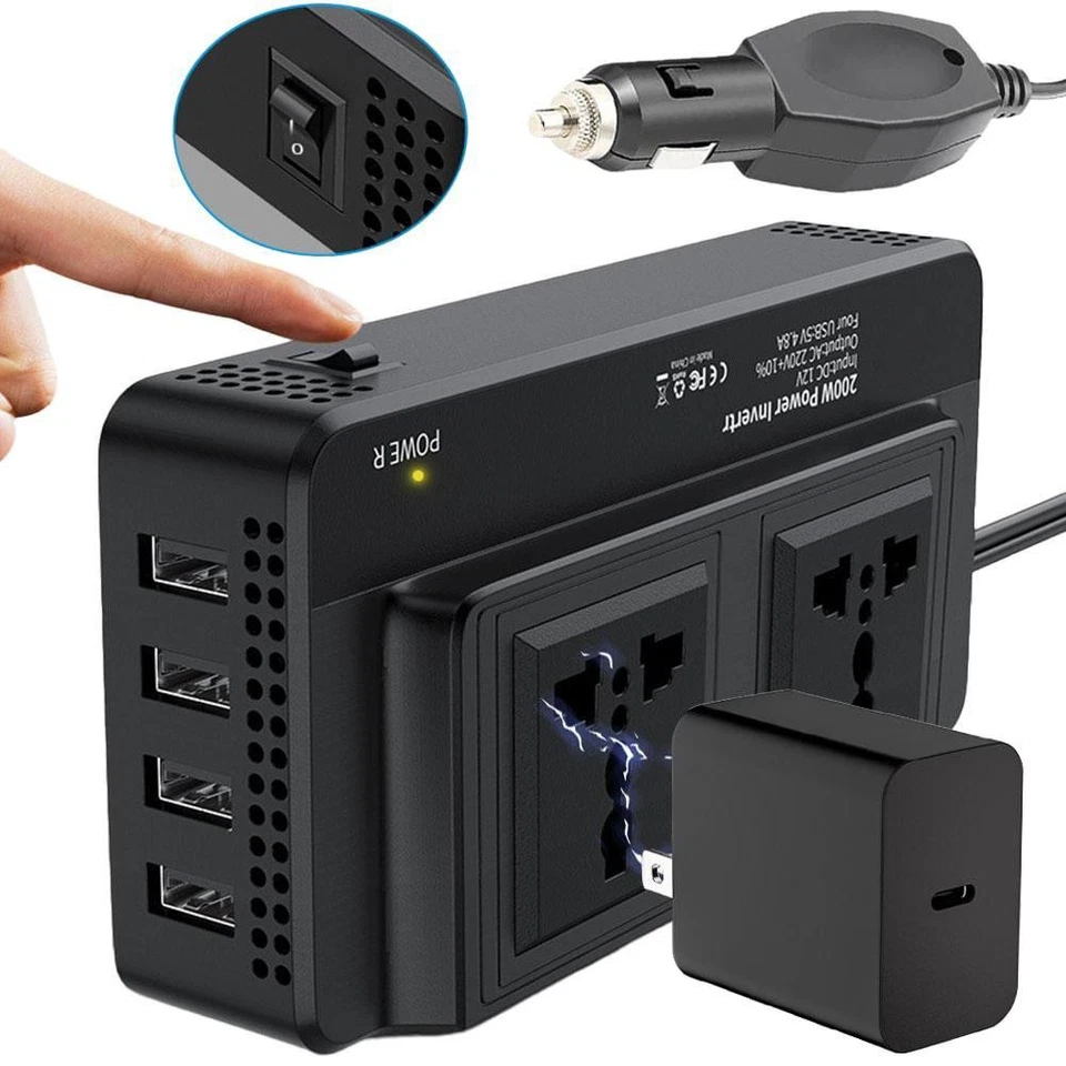 Car Vehicle 200W Power Inverter 12V to 110 / 220 VAC 4 USB Lot O7 - Image 2 of 4