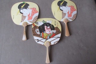 3 Vintage Japanese Uchiwa Flat Fan Hand Held Bamboo Handle