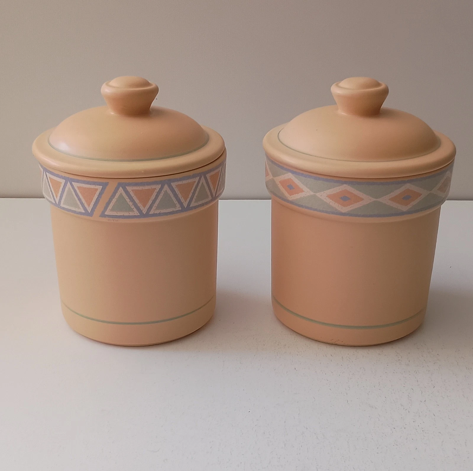 Set of 2 Ceramic Canisters Peach Gray Geometric Southwestern Pattern with Lids