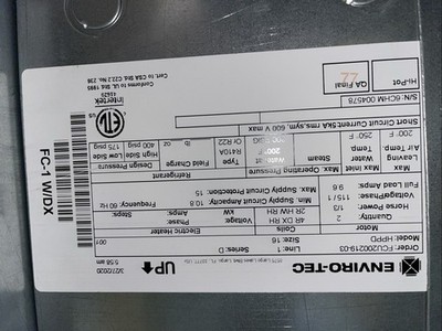 ENVIRO-TEC Horizontal High Performance Fan Coil Unit Model # HPPD Size 16 120vac