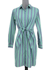 Calvin Klein Dress Womens 6 Blue Green Stripe All Cotton Button Up Attached Belt