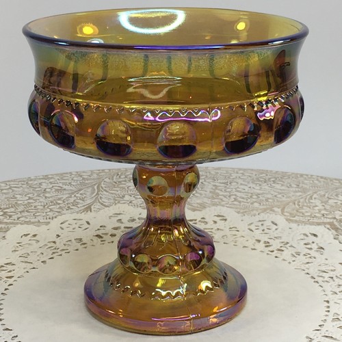 Indiana Glass Kings Crown Compote Iridescent Carnival Gold Pressed Candy Dish - Picture 7 of 12