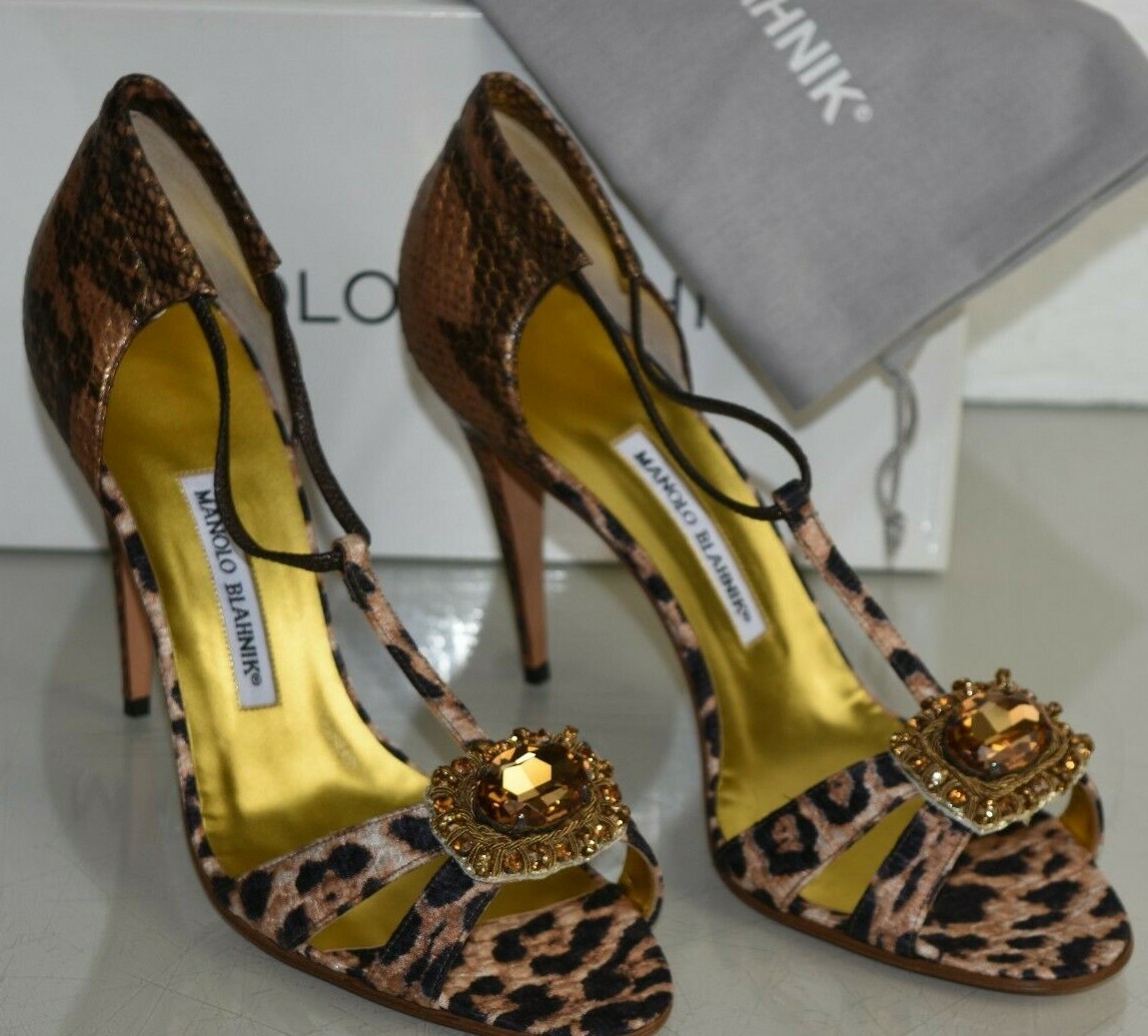 NEW Manolo Blahnik DRINA Python CRYSTAL Jeweled Brown Leopard