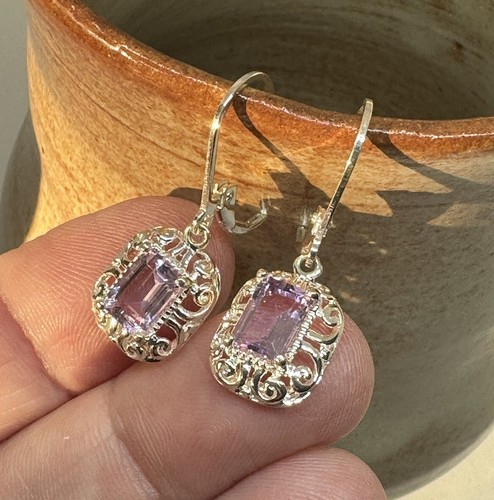 Vintage Sterling Silver & Faceted Emerald-cut Amethyst lever-back Earrings - Picture 4 of 5