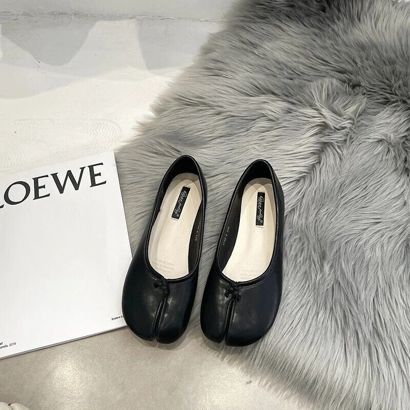 Women's Fashion Leather Bowtie Tabi Split Toe Mid Heel Ballet Court Shoes New