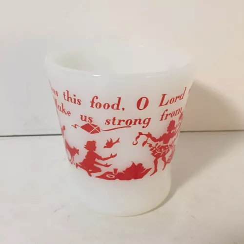 Vintage Fire King Anchor Hocking Mug Red Milk Glass Coffee Cup Bless This Food 