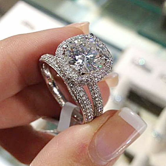 8mm White Round Moissanite Engagement 14K White Gold Bridal Ring Set 2 ...