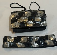 Vintage purse with matching belt La Beau/ Kane black and silver Sequence