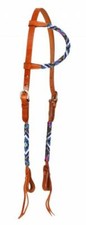 Western Saddle Horse Blue  White  Gold Beaded Leather One Ear Headstall Bridle