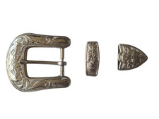 Nickel Western Cowboy Belt Buckle Set of 3 - Flower - Fits 1" Belt