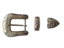 Nickel Western Cowboy Belt Buckle Set of 3 - Flower - Fits 1" Belt