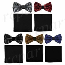 New men's pre-tied bowtie hankie set sequins Black Burgundy Blue Silver Gold