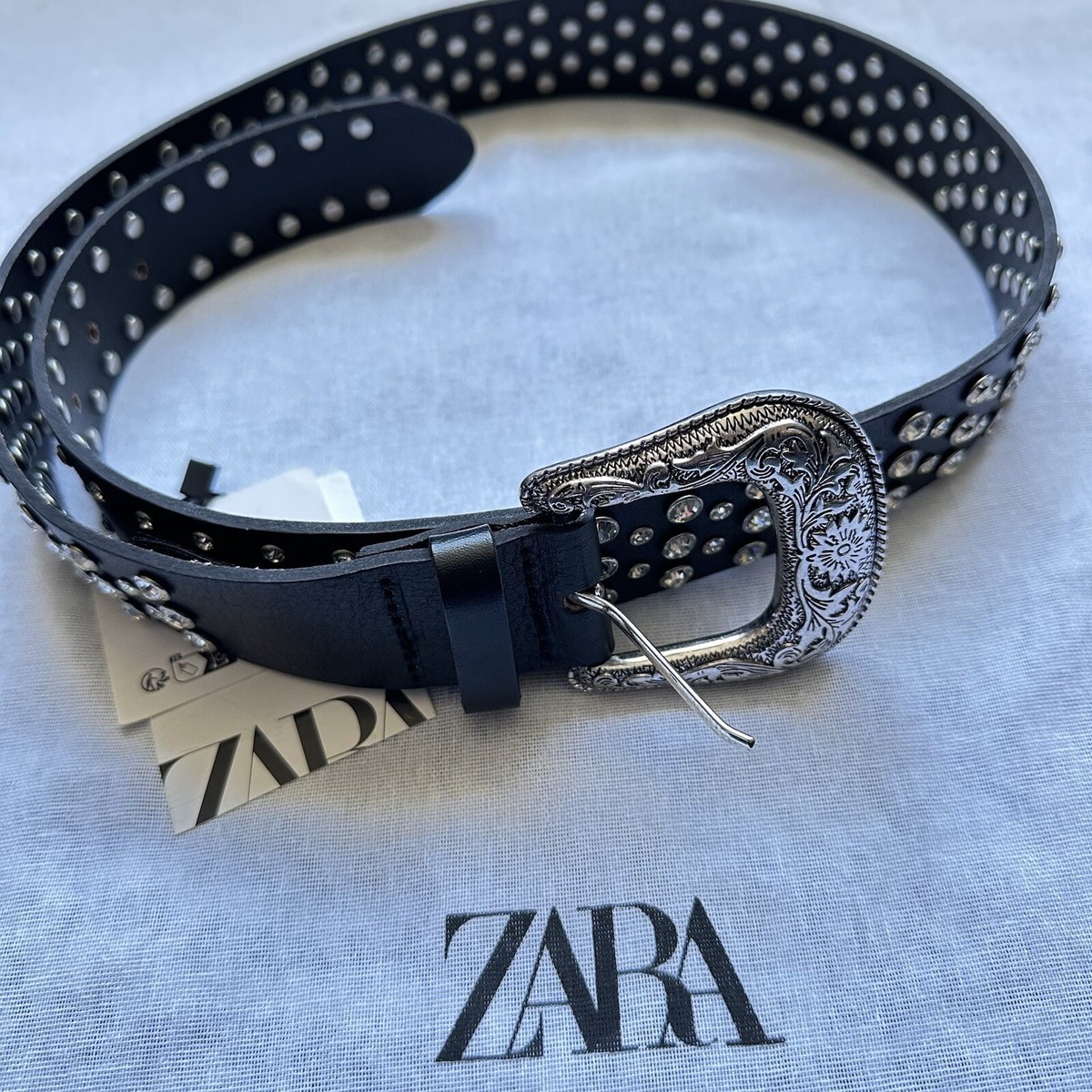 New Zara Rhinestone 100% Leather Black Belt Size 30 32 1736  display picture 1