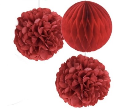 Lot 6 Red Round Tissue Paper Decor: Two 8  Honeycomb Balls;Four 6  Inch Pom Poms