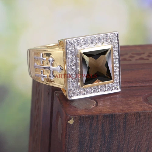 Natural Smoky Quartz Gemstone Gold Plated 925 Sterling Silver Men's Ring #5655