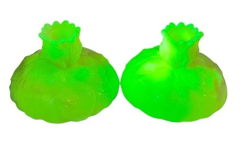 Fenton Burmese Uranium Glass CANDLE HOLDERS Rosalene Pink WATER LILY Set Of 2