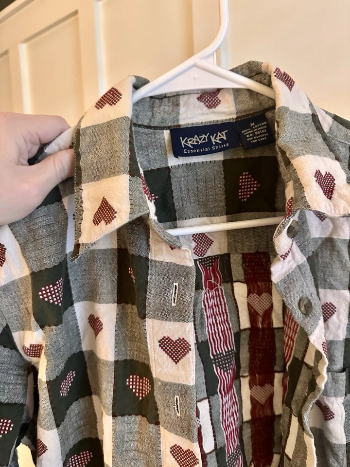 Camisa a Cuadros Corazón Krazy Kat De Colección M Cottagecore Y2K Grunge Patchwork Abotonada Foto 2 de 4