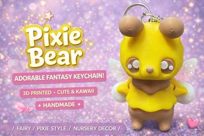 Pixie Bee Bear Keychain   Cute 3D Printed Fantasy Bear Figurine