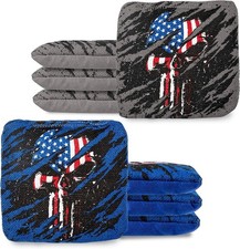 Tournament Series Cornhole Bags -Pro Style 4 Blue  4 Gray American Flag Skulls