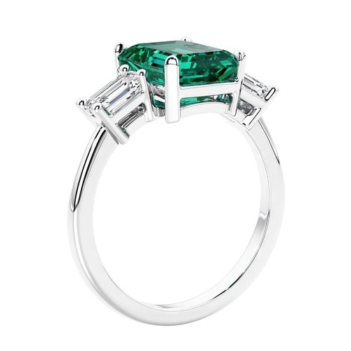 14k Gold 2 Ct Emerald Cut Lab Grown Emerald & Diamond 3-Stone Ring for Women - Picture 5 of 8