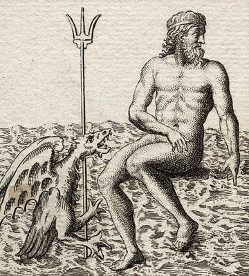 The Greek God Neptune with an unidentified mythological winged sea- Old Photo