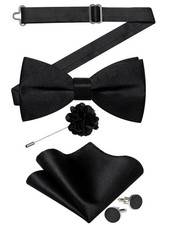 Mens Satin Pre-tied Bowtie Shiny Solid Bow Tie and Pocket Square Cufflinks La...