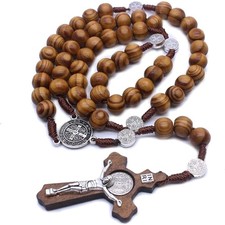 Handmade Pine Wood Catholic Rosary with St. Benedict Cross - 21" Prayer Beads