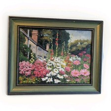 Quadro olio con cornice casetta giardino firmato MH campagna inglese scena floreale 19,5”