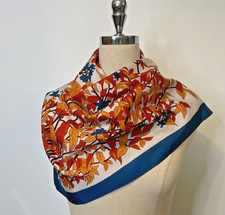 Vintage-Fall Color Rust  Orange Leaves Blue Flowers Scarf/Wrap-Beautiful 