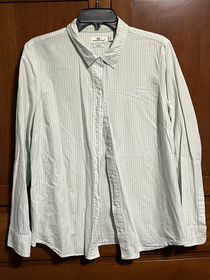 Camisa Vineyard Vines para mujer 16 verde blanca clásica a rayas manga larga abotonada Foto 2 de 4