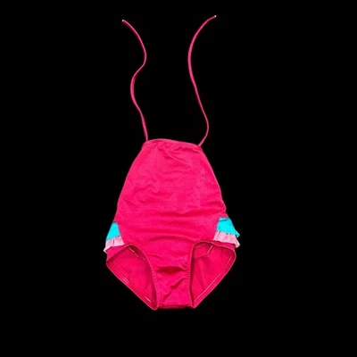 Vtg Pink Ruffle Halter One Piece Swimsuit Girls Size 3T USA RN Sandpiper Shiny - Photo 1/4