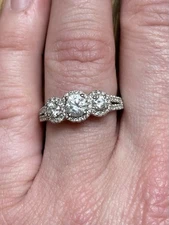 3 Stone Natural Diamond Halo Ring 14kt White Gold Sz 7.5
