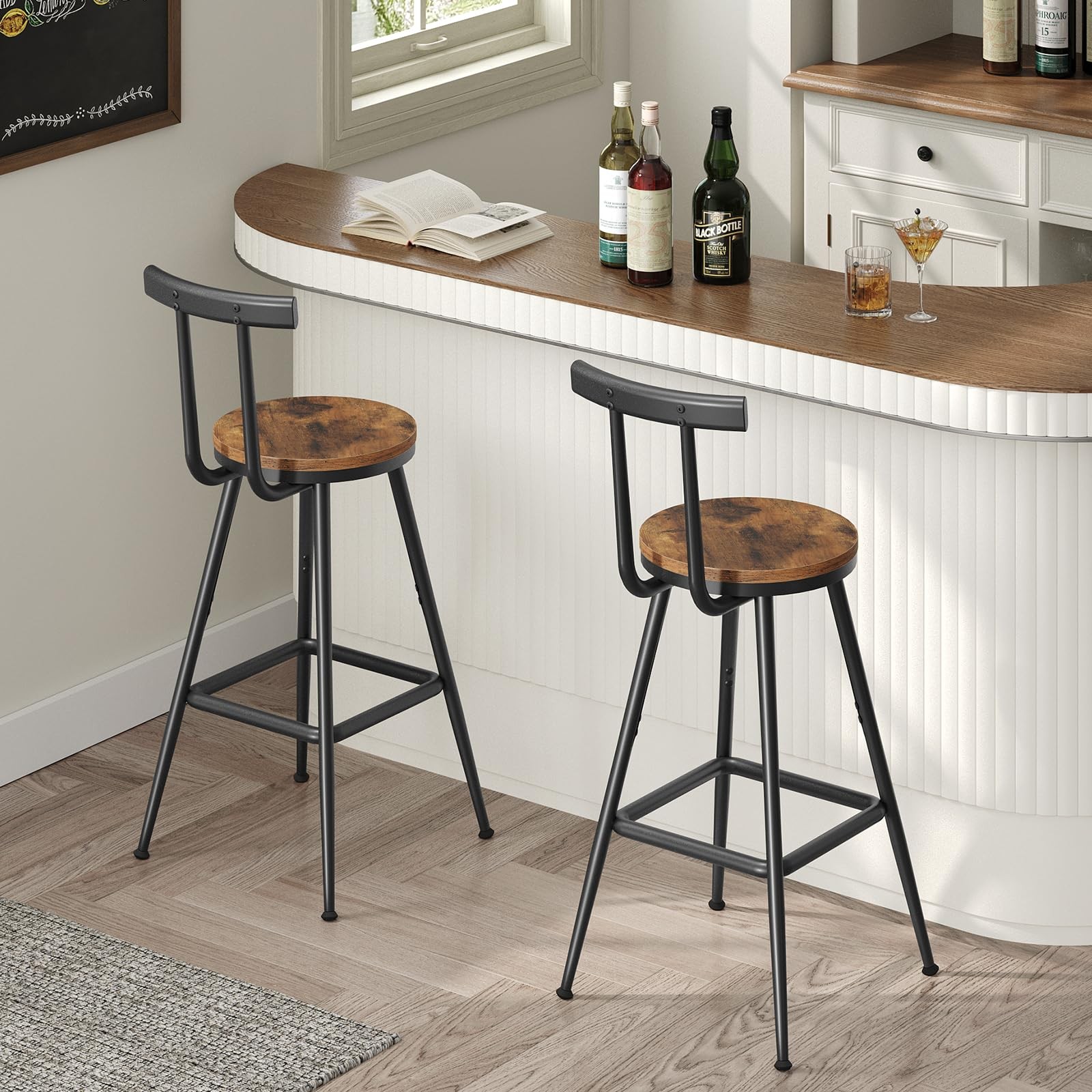 Bar Stools, Set of 2 Bar Chairs with Backrest and Footrest, 26" Tall Counter ...