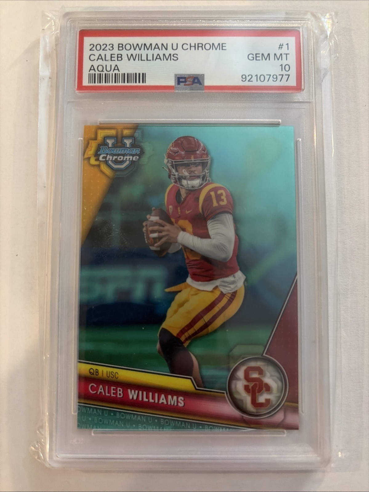 2023 Bowman University Chrome Caleb Williams AQUA REFRACTOR /299 PSA 10 GEM MINT