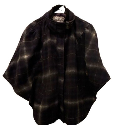 Heart Soul Women's Plaid Cape Black/Gray, Blue, Lined, Pockets, Zip/Snap, M