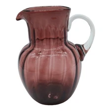 Vtg Art Glass Amethyst Purple Sm Pitcher Creamer Reverse Rib Optic Clear Handle 