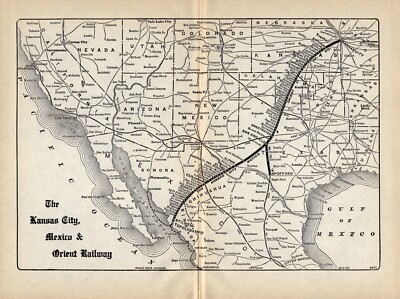 1905 Antike Kansas City Mexiko & Orient Eisenbahnkarte Eisenbahnkarte 1882