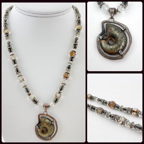 Artisan Pyritized Ammonite Fossil Necklace Glass Beads Silver Tone - 第 1/13 張圖片