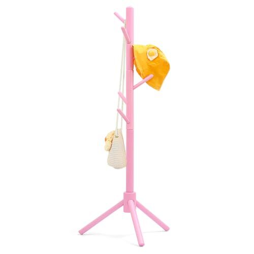 Beech Wood Kids Coat Rack Adjustable Height Stand with 9 Hooks, Pink