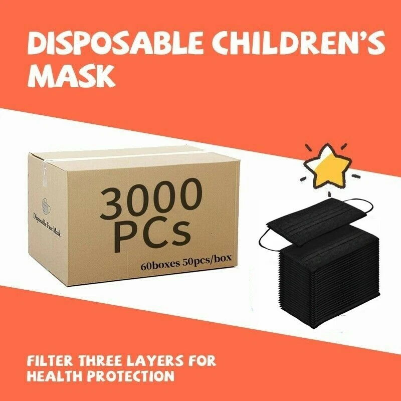 3000 Pcs(60box,50pcs/box) For Kids Children Black 3-Ply Disposable Face Mask