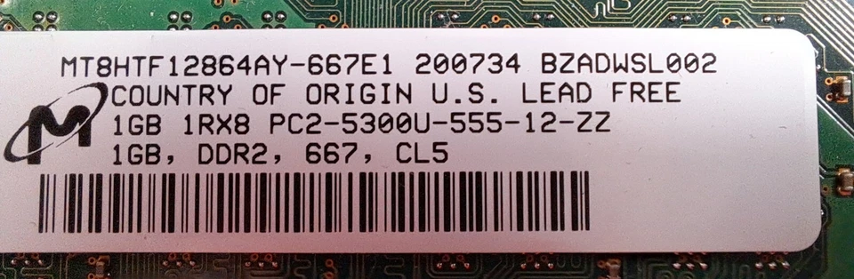 Micron MT8HTF12864AY-667E1 1GB PC2-5300U DDR2 667 Non-ECC Memory, Set Of 2 - Image 2 of 2