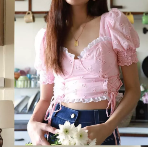 Pink Vintage Lace Blouse Kawaii Square Neck Tie Up Puff Sleeves Palace Style Top - Picture 1 of 15