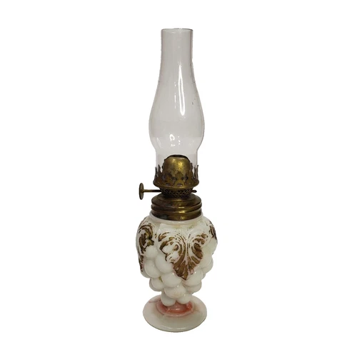 Vintage Mini Oil Lamp Milk Glass  Grape Embossed Font Gold Trim Victorian Style