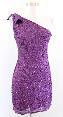 Adrianna Papell E Red Carpet Purple One Shoulder Bow Sequin Beaded Mini Dress 2