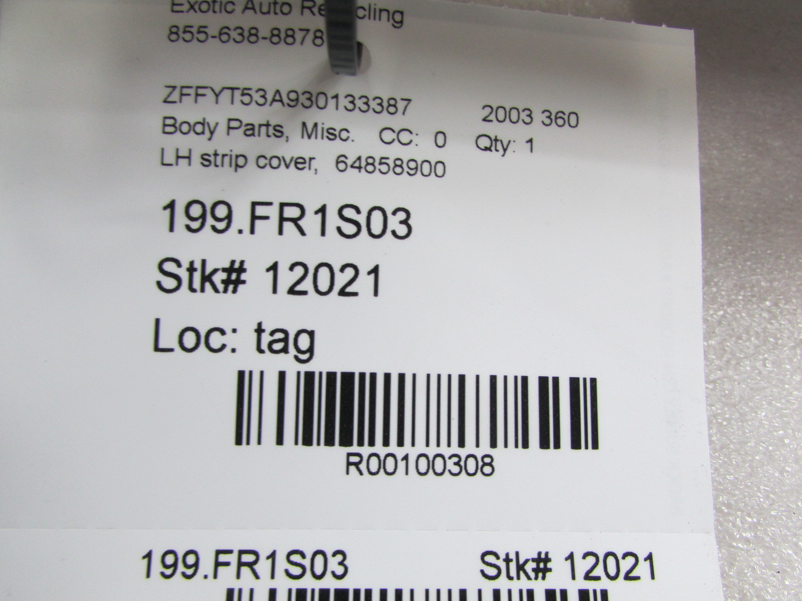 Ferrari 360, Challenge Stradale, LH, Door Jam Metal Trim Plate, Used 64858900