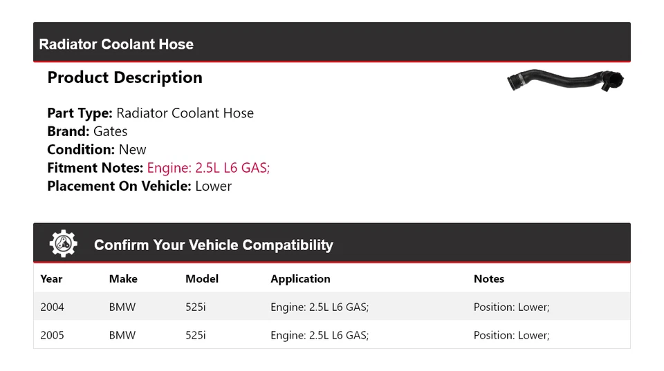 Manguera de refrigerante de radiador de gas para BMW 525i 2004-2005 2,5 L L6 puertas inferiores Foto 2 de 3