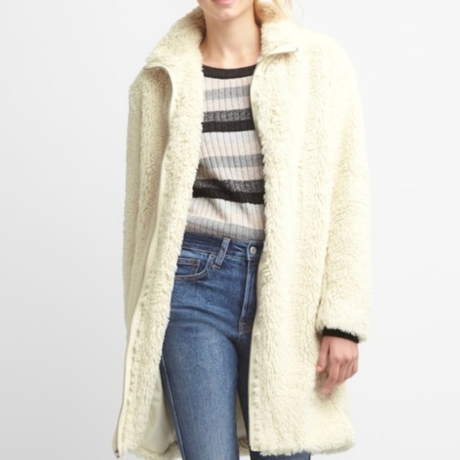 GAP Sherpa Teddy Long Zip Coat Cream Size Small Gem