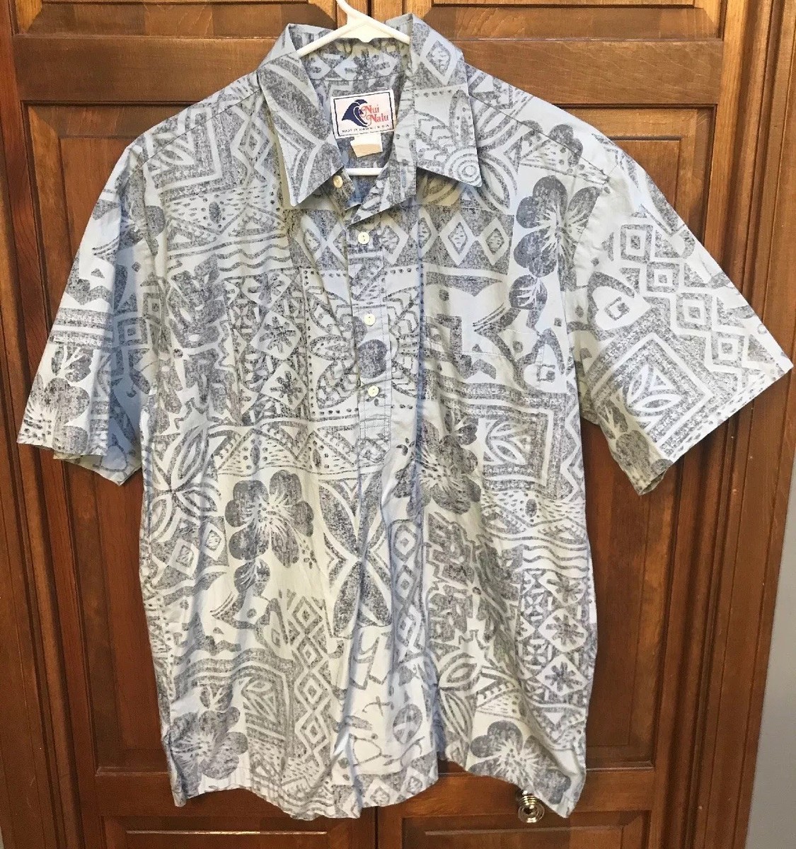 Nui Nalu Men L Hawaiian Pullover Shirt Button Front Blue Print USA